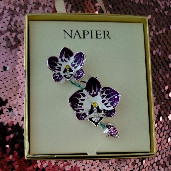 Napier Purple and Silver Floral Brooch - Picture 1 of 4